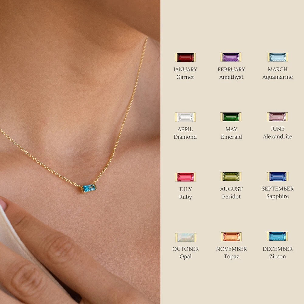 Dainty Birthstone Baguette Necklace