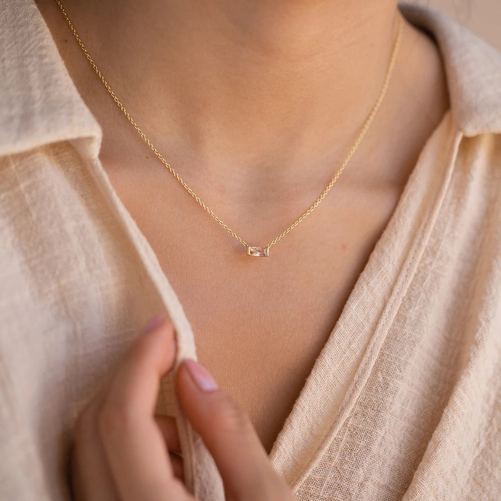 Dainty Birthstone Baguette Necklace