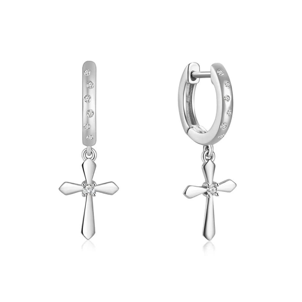 Cross Charm Huggie Hoops