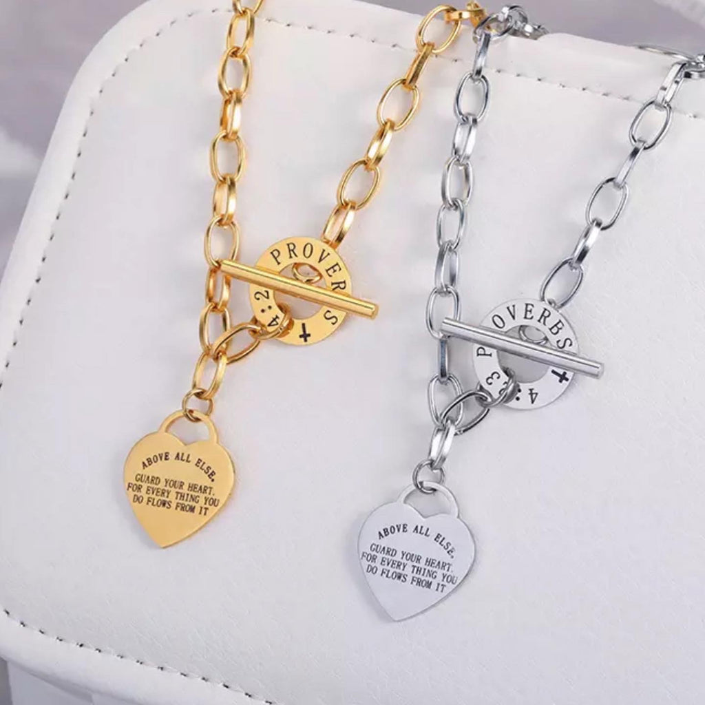 Proverbs 4:23 Heart Charm Link Necklace Bracelet