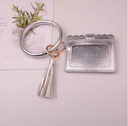 Key Ring Circle Bangle Wristlet Wallet with Tassel